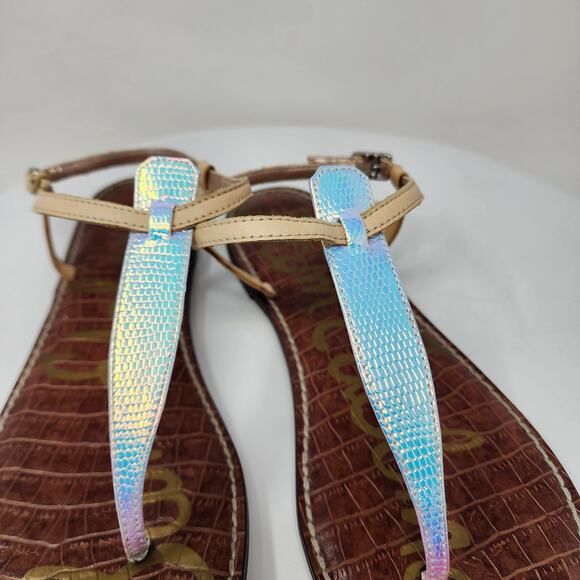 Sam Edelman Gigi Sandal Size 9.5M Iridescent T-Strap Pink Blue Snake Leather - Picture 4 of 14